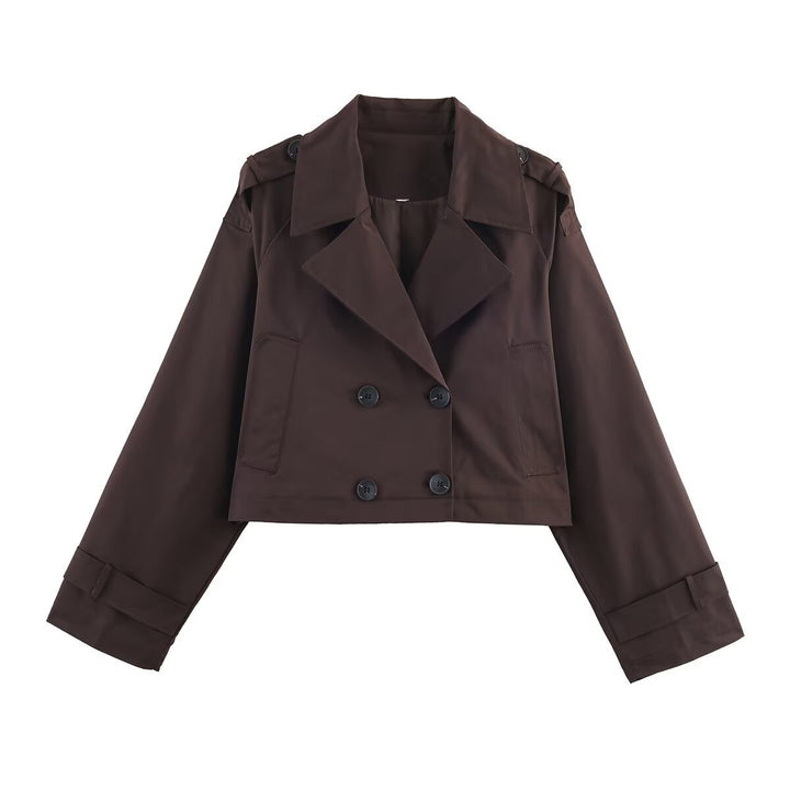 Women's Cropped Double-Breasted Trench Coat with Wide Lapels, Epaulettes and Boxy Cut Mune Fashion