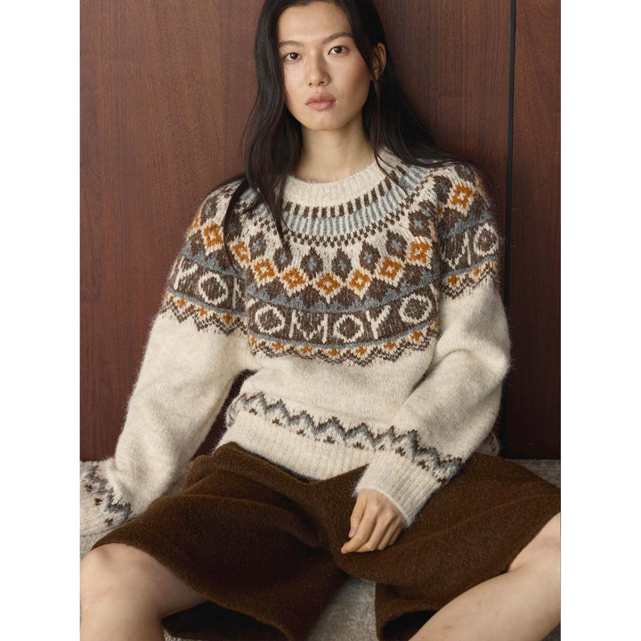 Women's chunky knit crew neck sweater with Norwegian jacquard and mohair mix Mune Fashion