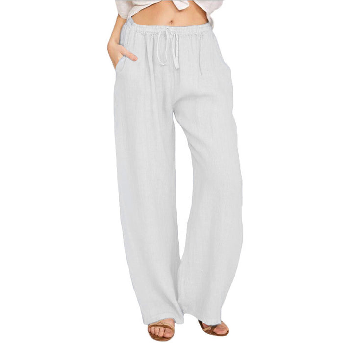 Women's Wide Linen Look Pants with Elastic Waistband, Drawstring and Side Pockets Mune Fashion