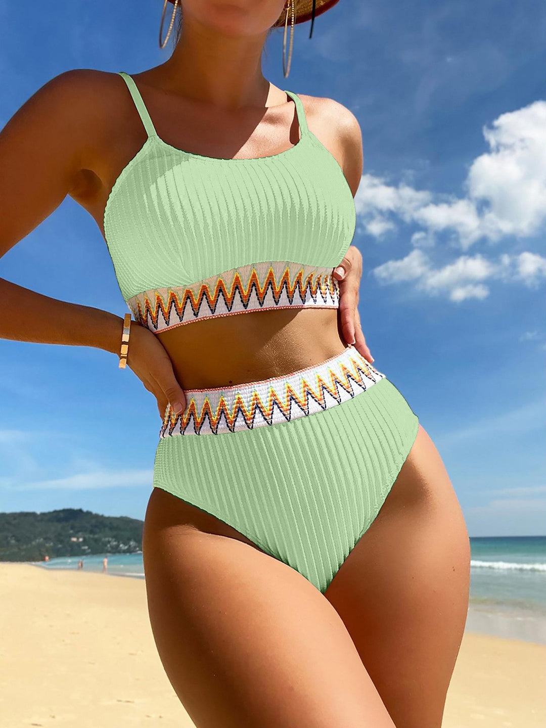 Women's High-Waisted Bikini Set with Trendy Ribbed Design and Colorful Accent Mune Fashion