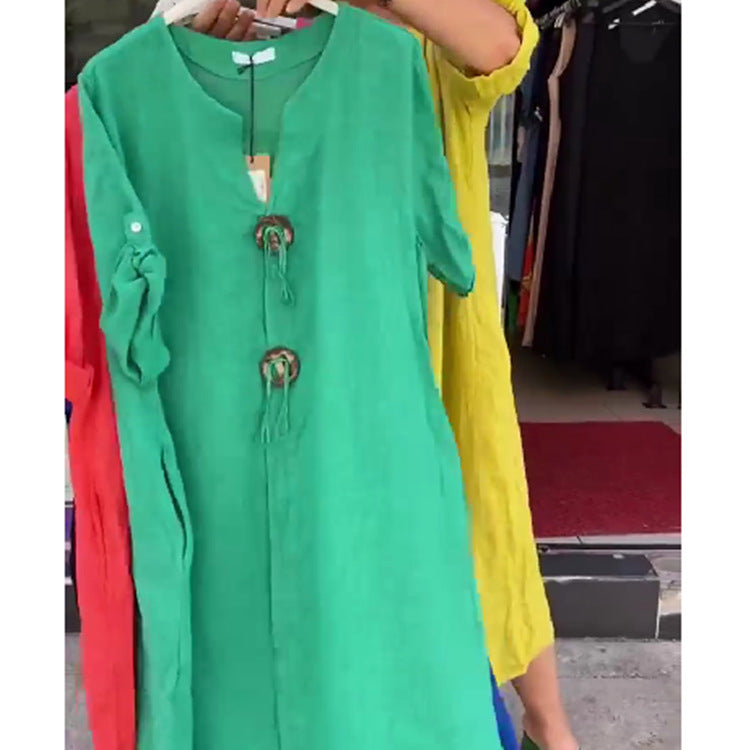 Ladies Long Linen Look Kaftan Dress with Wooden Ring Decorative Cord and Roll-Up Three-Quarter Sleeves Mune Fashion