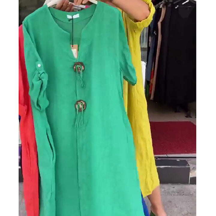 Ladies Long Linen Look Kaftan Dress with Wooden Ring Decorative Cord and Roll-Up Three-Quarter Sleeves Mune Fashion