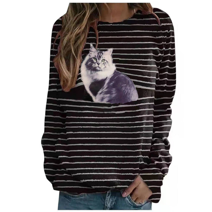 Women's casual striped sweater with photorealistic cat pocket and round neckline Mune Fashion