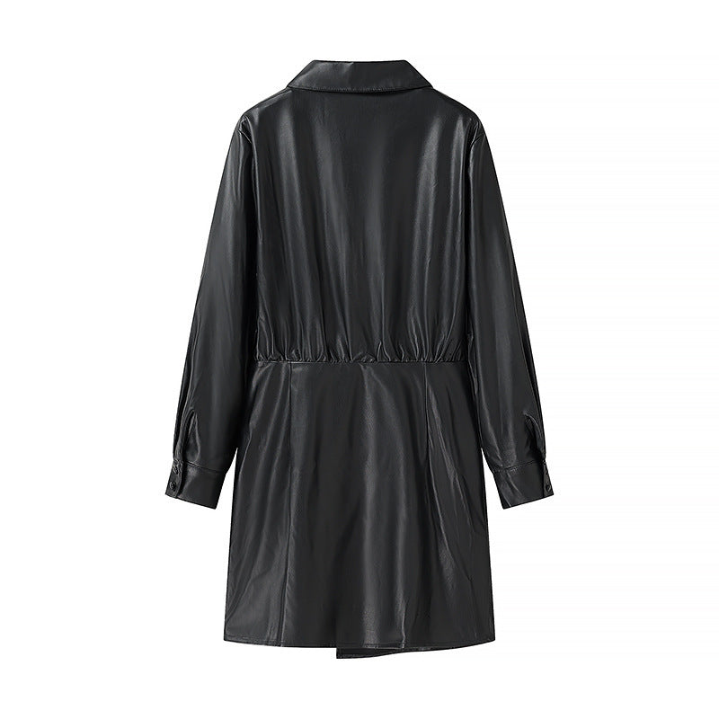 Women's Wrap Faux Leather Mini Dress with Shirt Collar, Gathered Waistline and Cuffs Mune Fashion