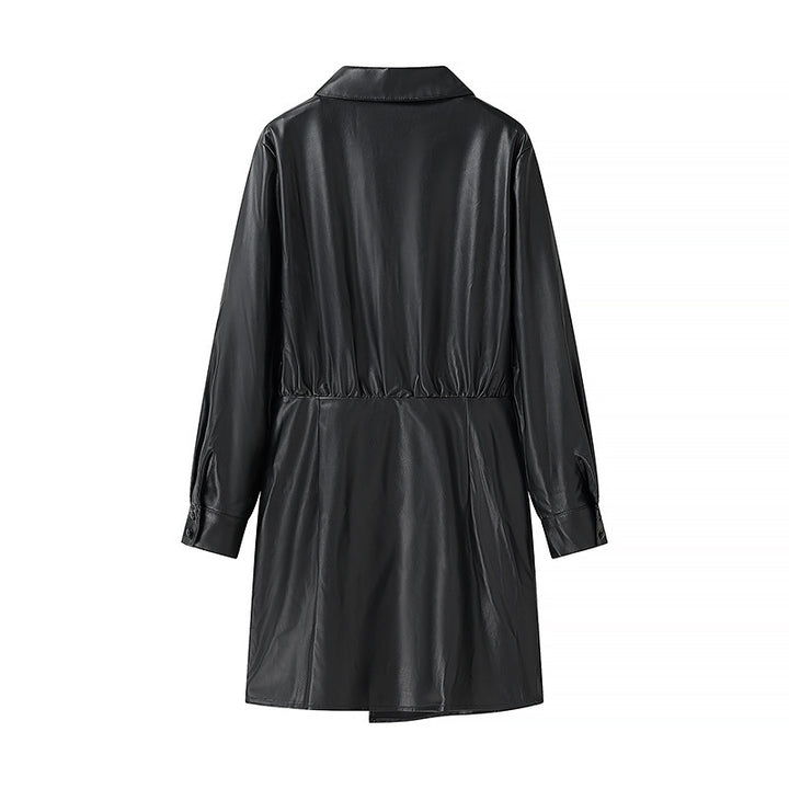 Women's Wrap Faux Leather Mini Dress with Shirt Collar, Gathered Waistline and Cuffs Mune Fashion