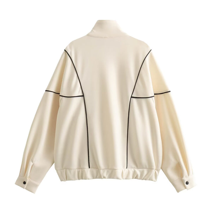Women's Boxy Oversize Bomber Jacket with Contrast Piping and Stand-Up Collar Mune Fashion