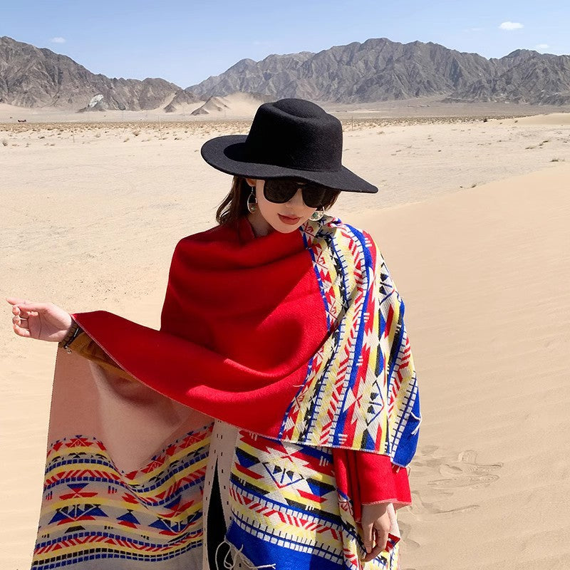 Women's Oversize Reversible Poncho made of Wool Blend with Ethno Jacquard and Fringe Hem Mune Fashion