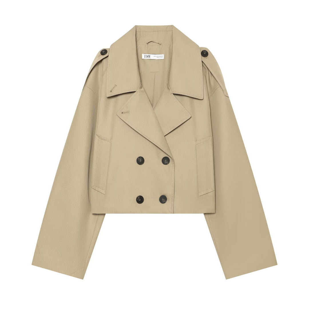Women's short trench coat with boxy cut, double-breasted and epaulettes Drune
