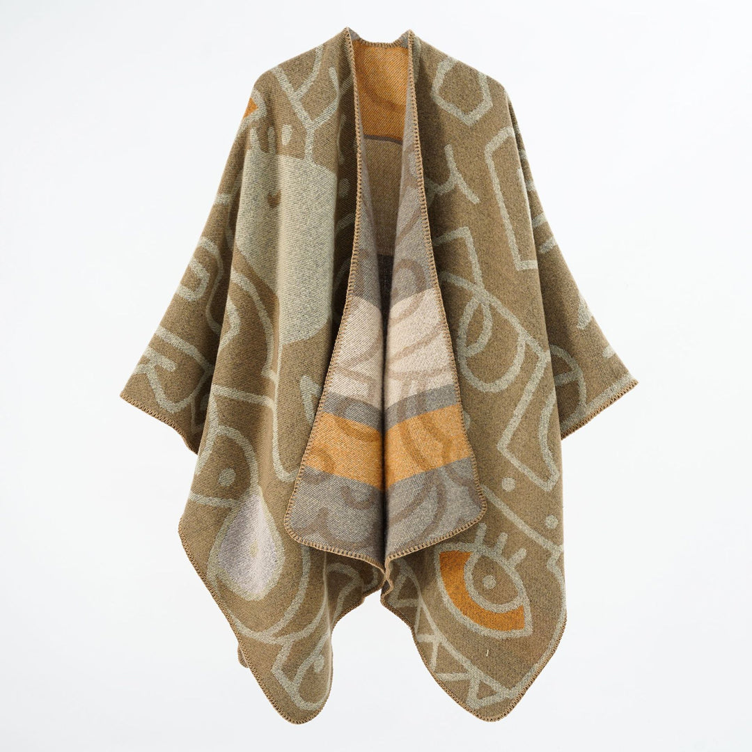 Women's Reversible Knit Poncho in Cozy Cape with Graphic Jacquard Pattern