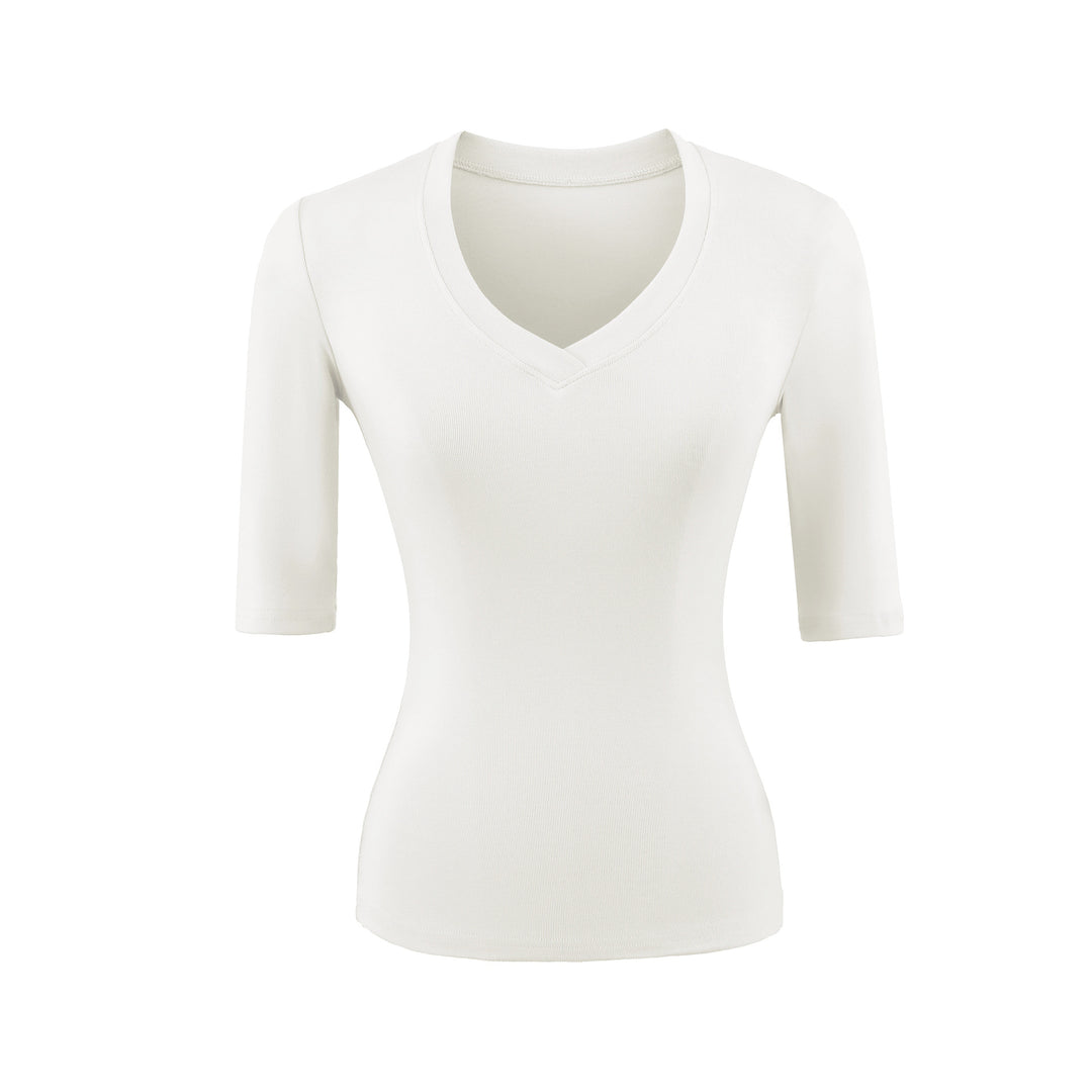 Women's Fitted V-Neck Three-Quarter Sleeve Fine Rib Top made of Stretch Jersey Mune Fashion