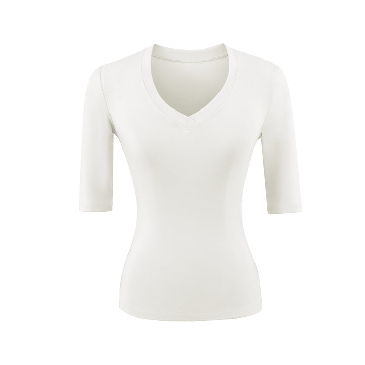 Women's Fitted V-Neck Three-Quarter Sleeve Fine Rib Top made of Stretch Jersey Mune Fashion