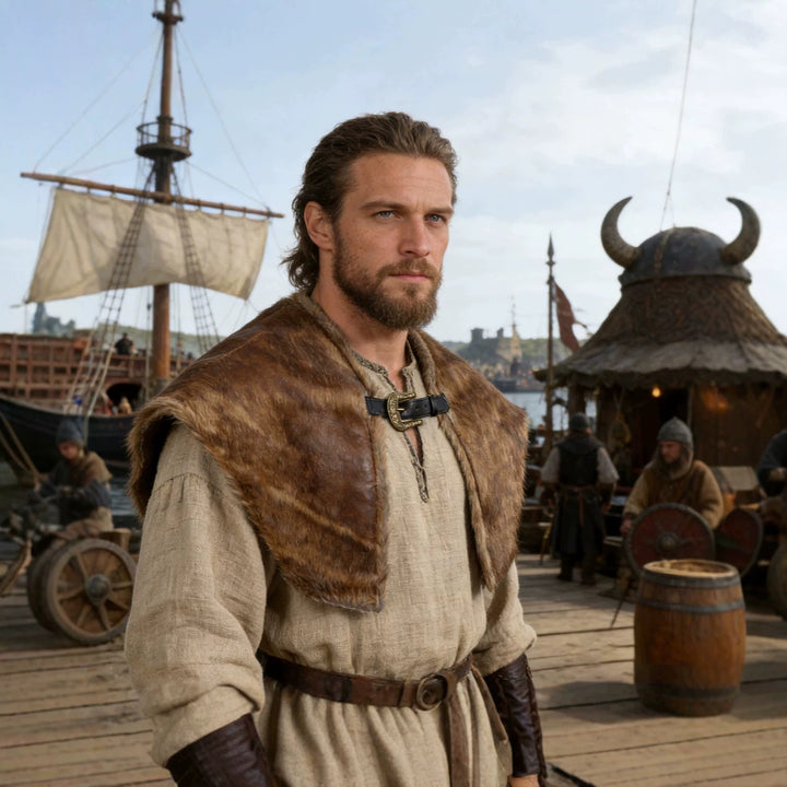 Men's shoulder cape made of faux fur with buckle closure and rustic Viking look Mune Fashion