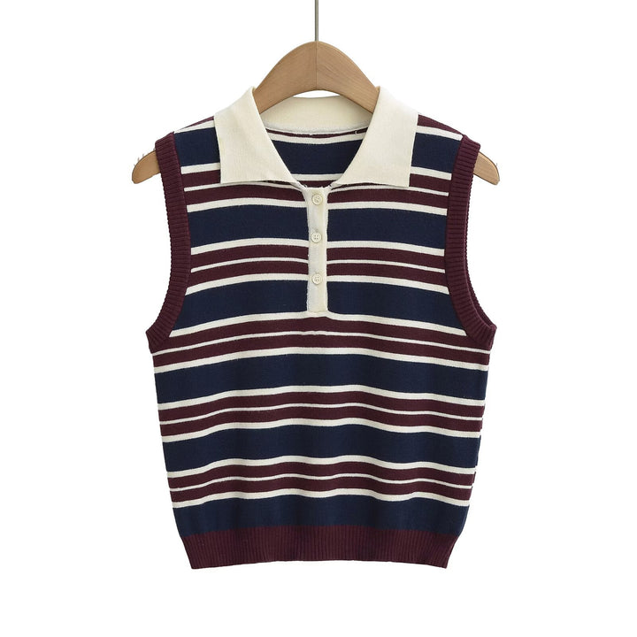 Women's Sleeveless Fine Knit Polo Top with Button Placket, Ribbed Hem and Classic Stripe Pattern Mune Fashion