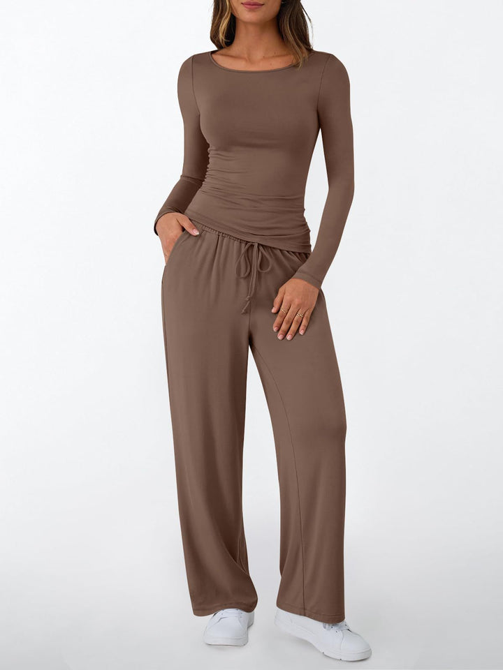 Women's Fitted Long Sleeve Shirt and Palazzo Jersey Pants Loungewear Set Mune Fashion