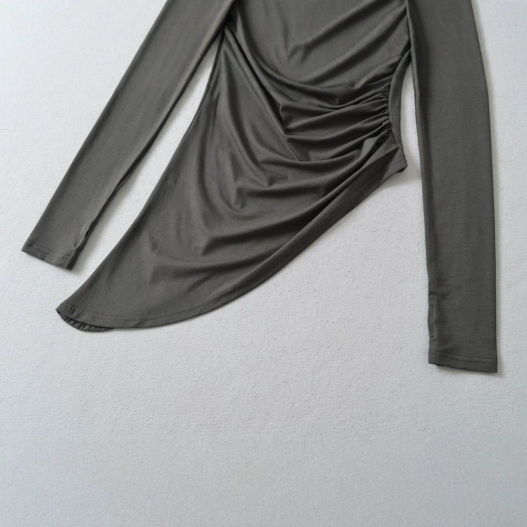 Women Fitted Long Sleeve Midi Dress with Asymmetrical Hem, Gathering and Halter Neck