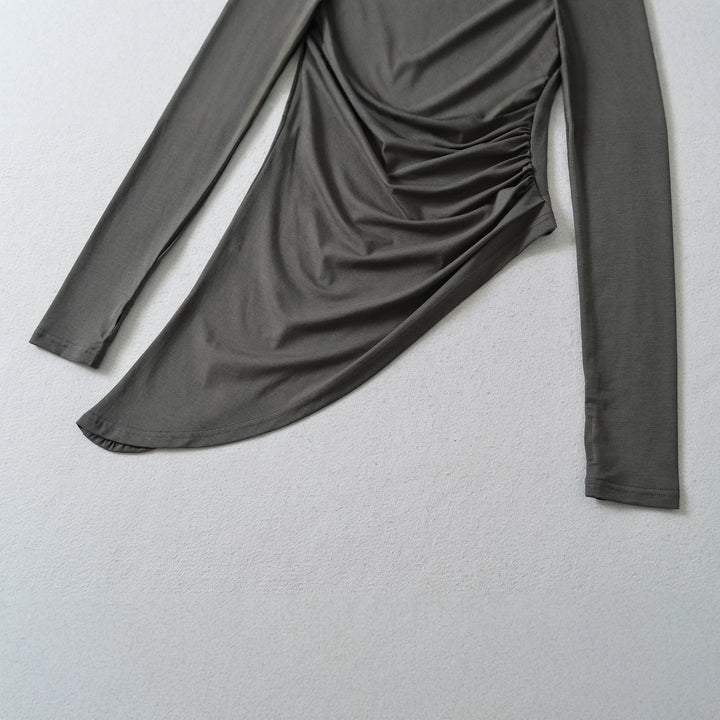 Women Fitted Long Sleeve Midi Dress with Asymmetrical Hem, Gathering and Halter Neck