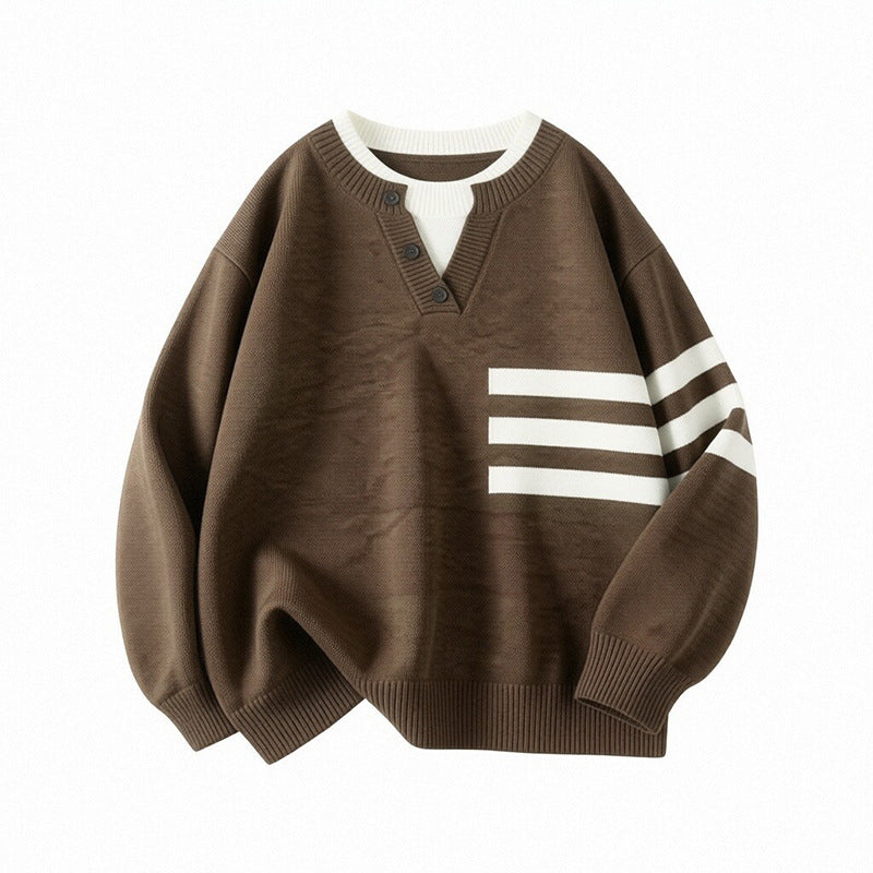 Women's Sporty Oversized Sweater with Button Placket and Stripes Mune Fashion