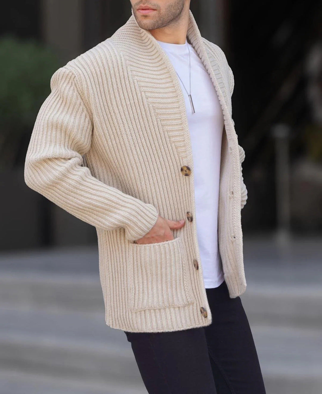 Men's Cardigan with Deep Neckline and Buttons Mune