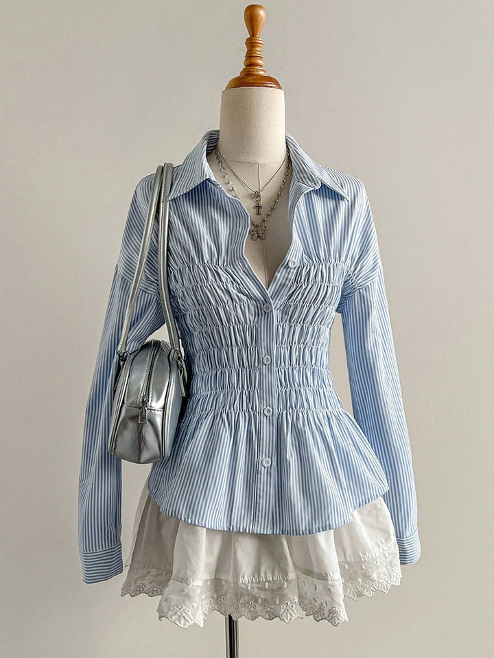 Women's tailored shirt blouse with gathered bust area and peplum Mune Fashion