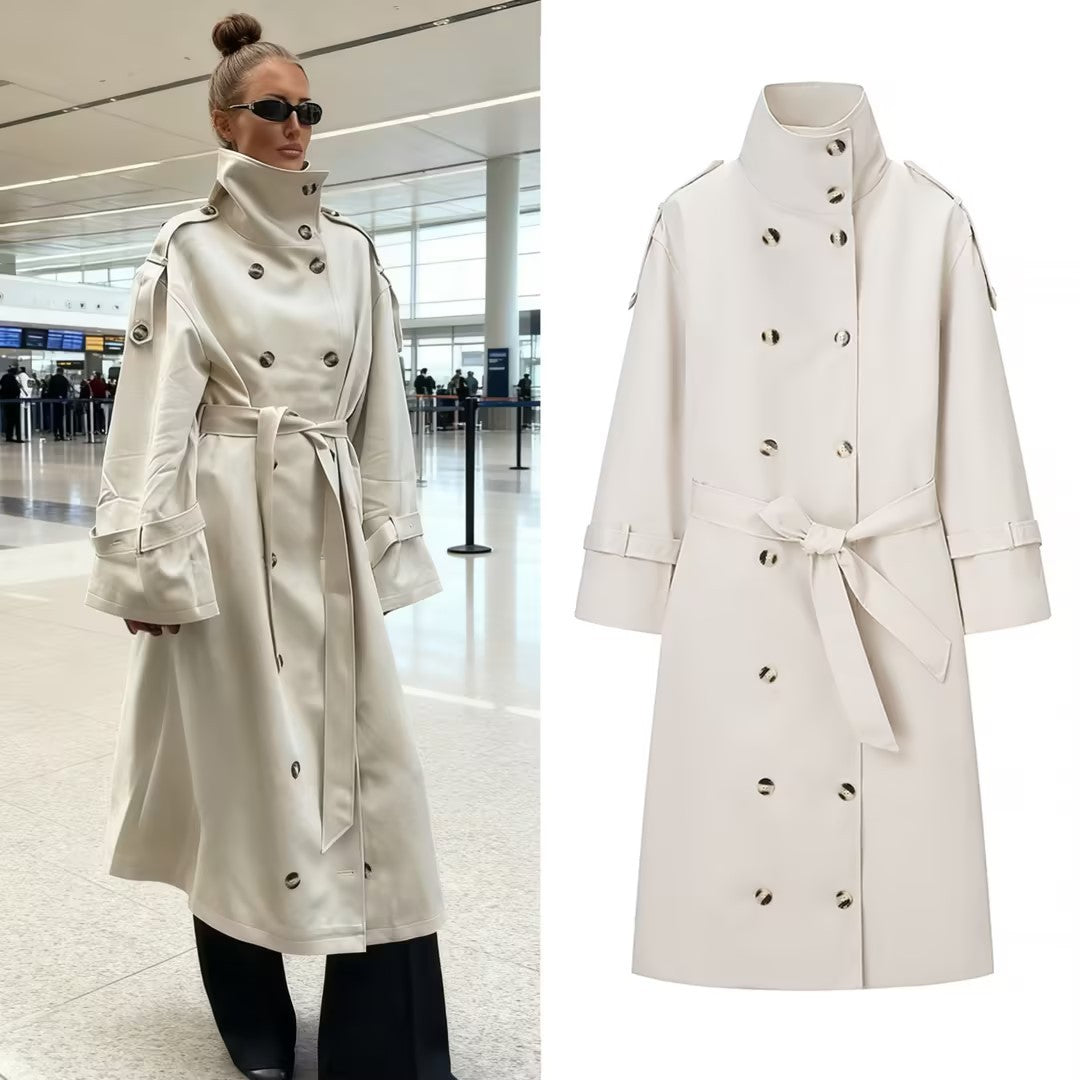 Women Longer double-breasted trench coat with high stand-up collar and waist belt Mune Fashion