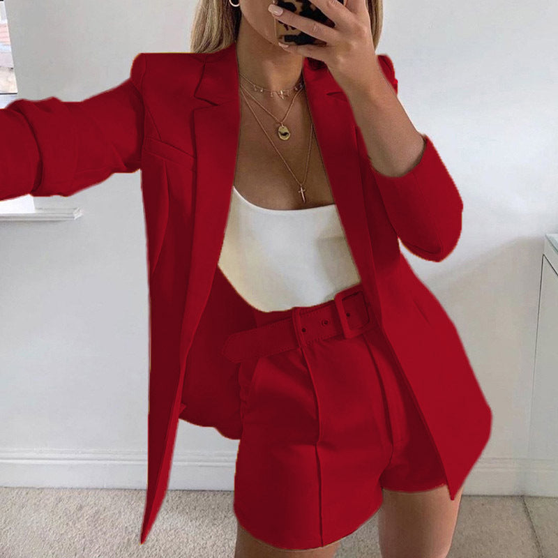 Women tailored long blazer-shorts set with emphasized shoulder area, high waist and wide belt Mune Fashion