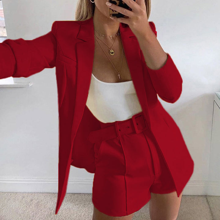 Women tailored long blazer-shorts set with emphasized shoulder area, high waist and wide belt Mune Fashion