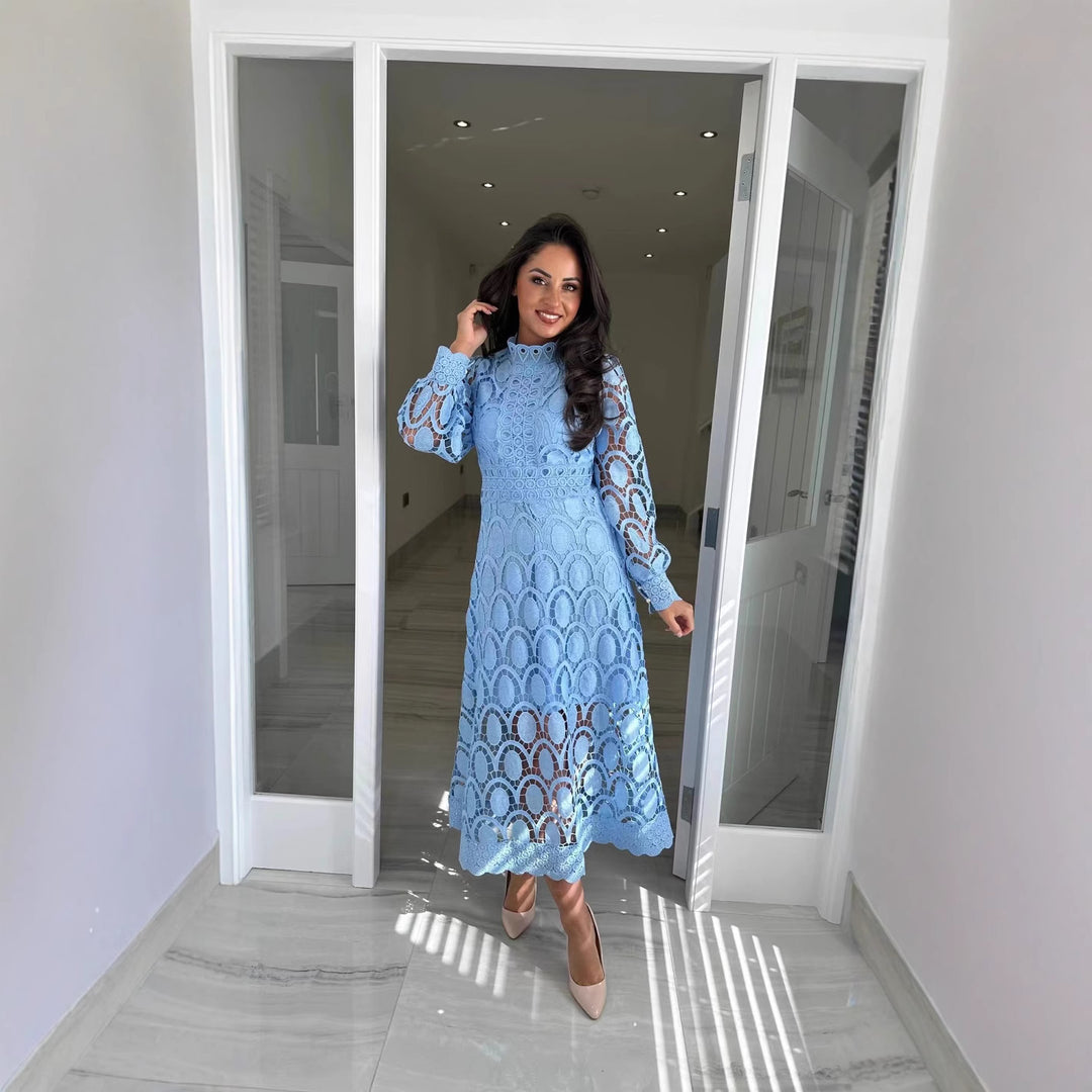 Women's crocheted midi dress with stand-up collar, transparent lace sleeves, and fitted A-line Mune Fashion