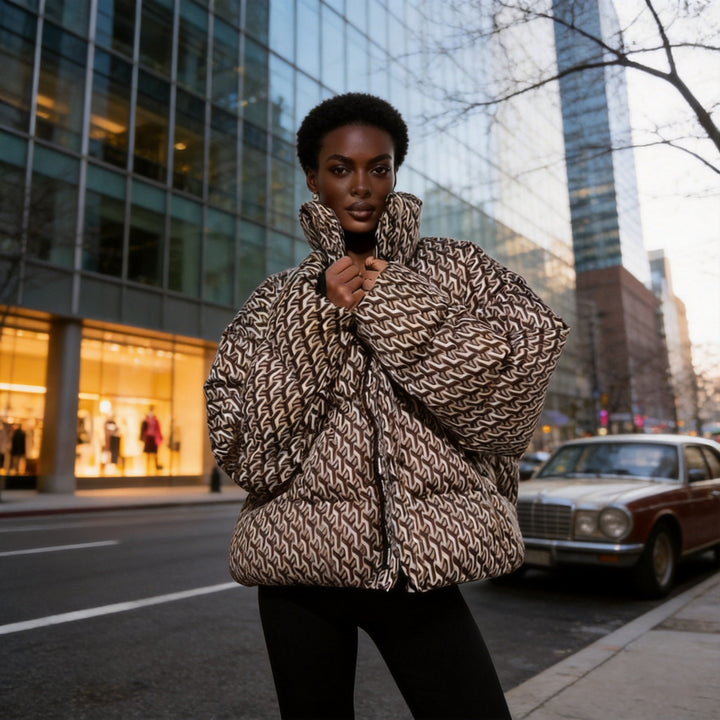 Women's Oversize Quilted Winter Jacket with High Stand-up Collar and Geometric All-over Pattern Mune Fashion