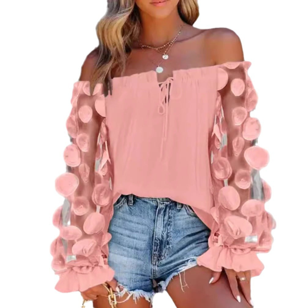Women off-shoulder Carmen top with transparent organza sleeves, circular appliqués and ruffle cuffs Mune Fashion