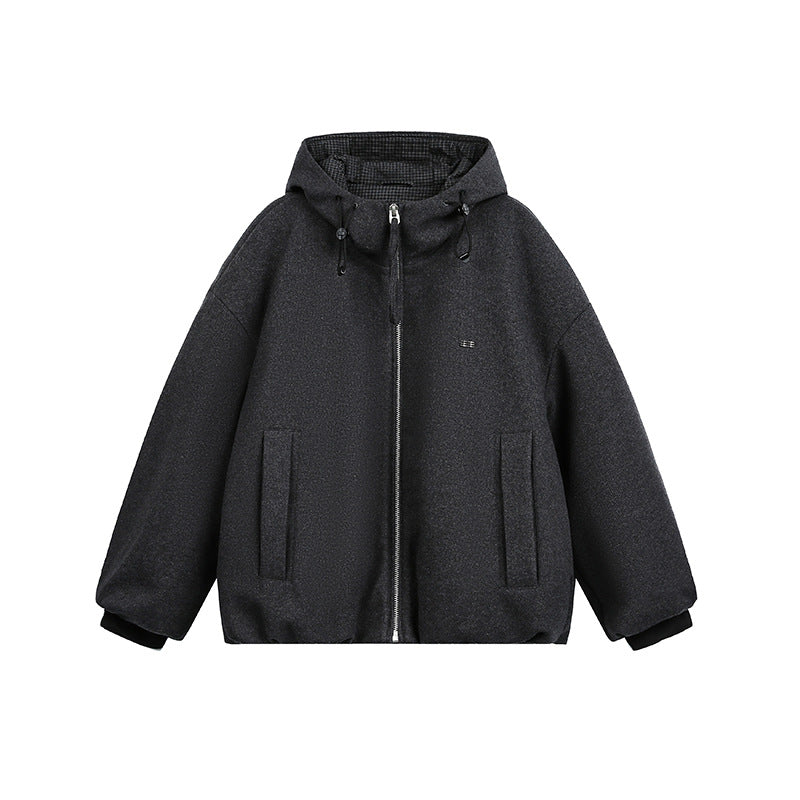 Men's Loose-Fitting Padded Wool Blend Hooded Jacket with Zip and Drawstring Mune Fashion