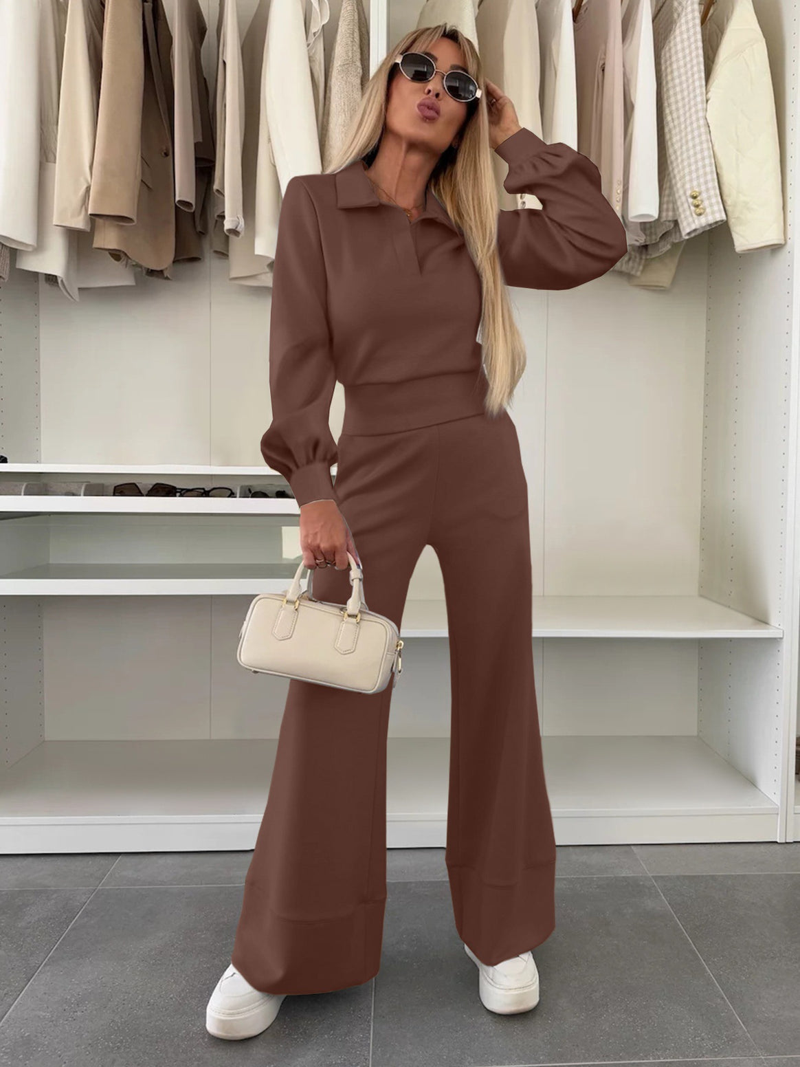 Women's Two Piece Lounge Set with Polo Collar and High Waist Palazzo Pants Mune Fashion