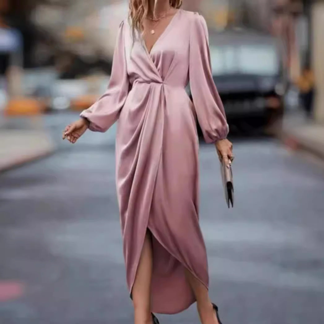 Women's elegant satin midi dress with twist waist V-neck and balloon sleeves Mune Fashion