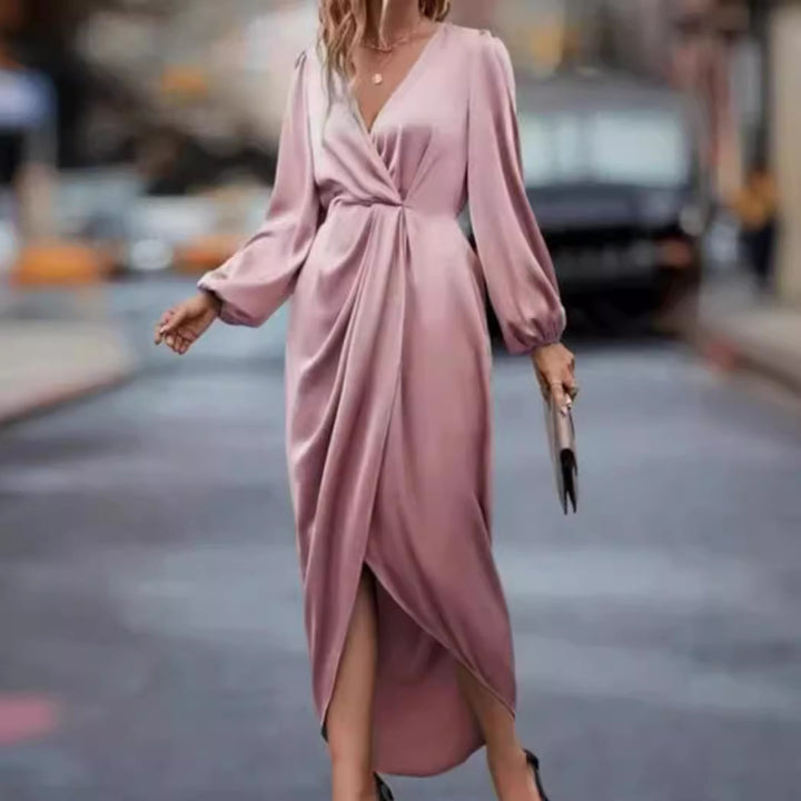 Women's elegant satin midi dress with twist waist V-neck and balloon sleeves Mune Fashion
