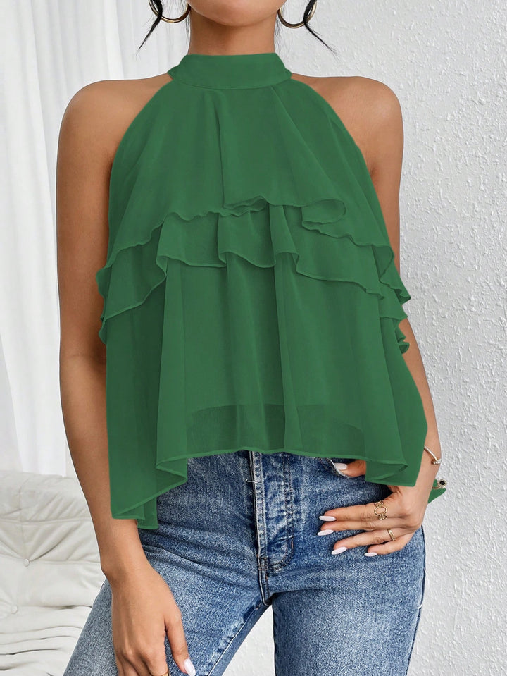 Women's Airy Chiffon Top with Stand Collar and Layered Ruffles Mune Fashion