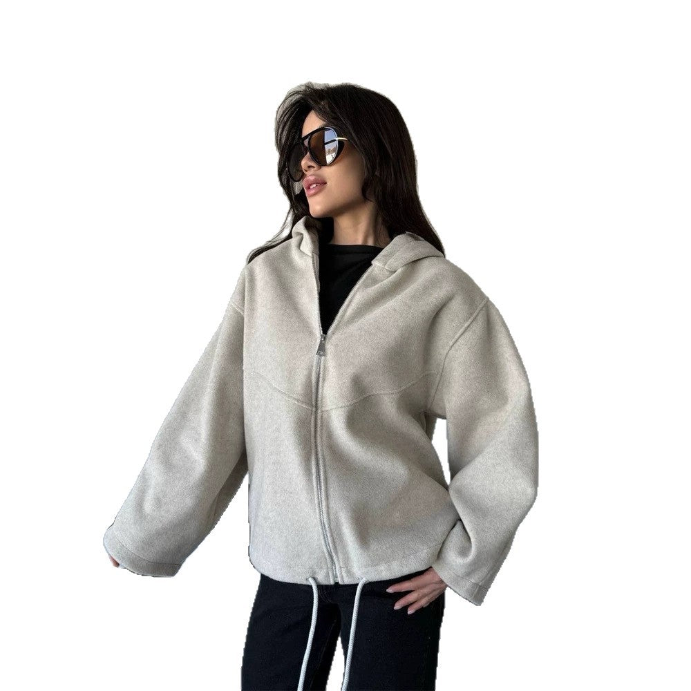 Women's Oversize Hoodie Jacket with Zipper and Drawstring Hem Mune Fashion