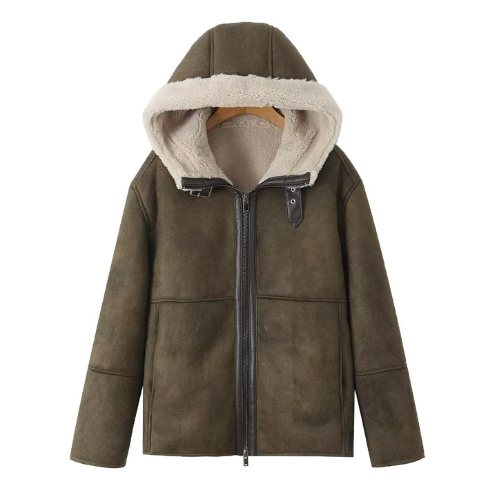 Women's Hooded Lambskin Imitation Bomber Jacket with Teddy Lining and Zip Mune Fashion