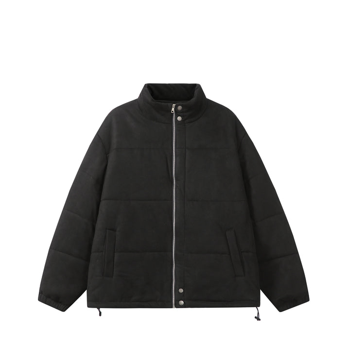 Unisex Boxy quilted jacket in velvet finish with high funnel collar and adjustable hem Mune Fashion