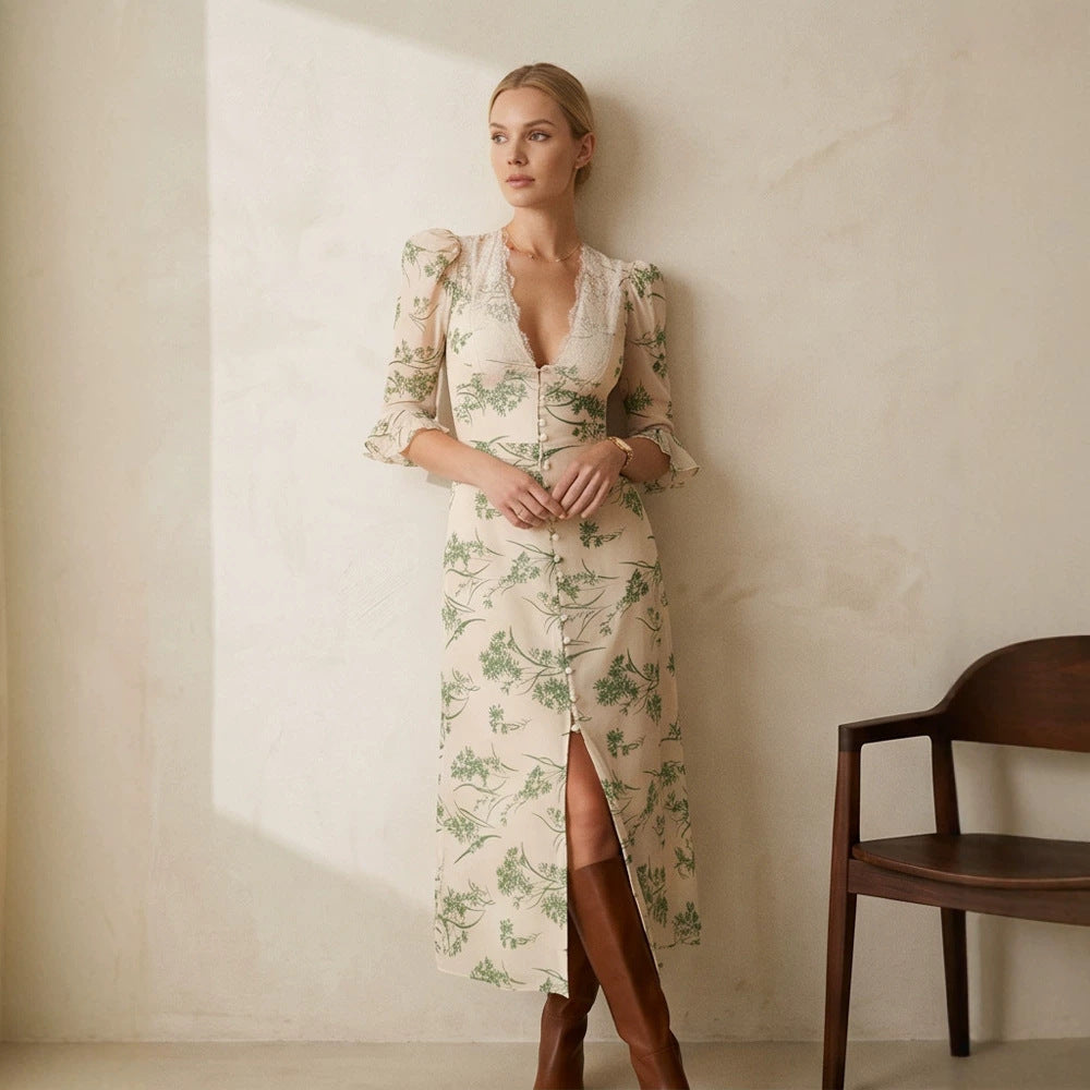 Women Floral Midi Dress with Lace V-Neck, Fitted Waist Seam and Pearl Button Placket Mune Fashion