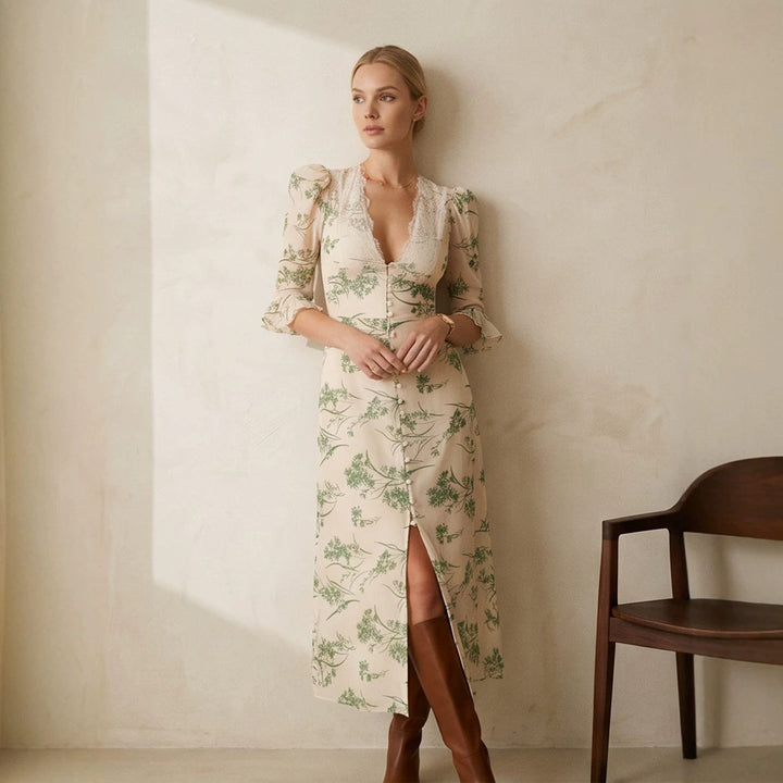 Women Floral Midi Dress with Lace V-Neck, Fitted Waist Seam and Pearl Button Placket Mune Fashion