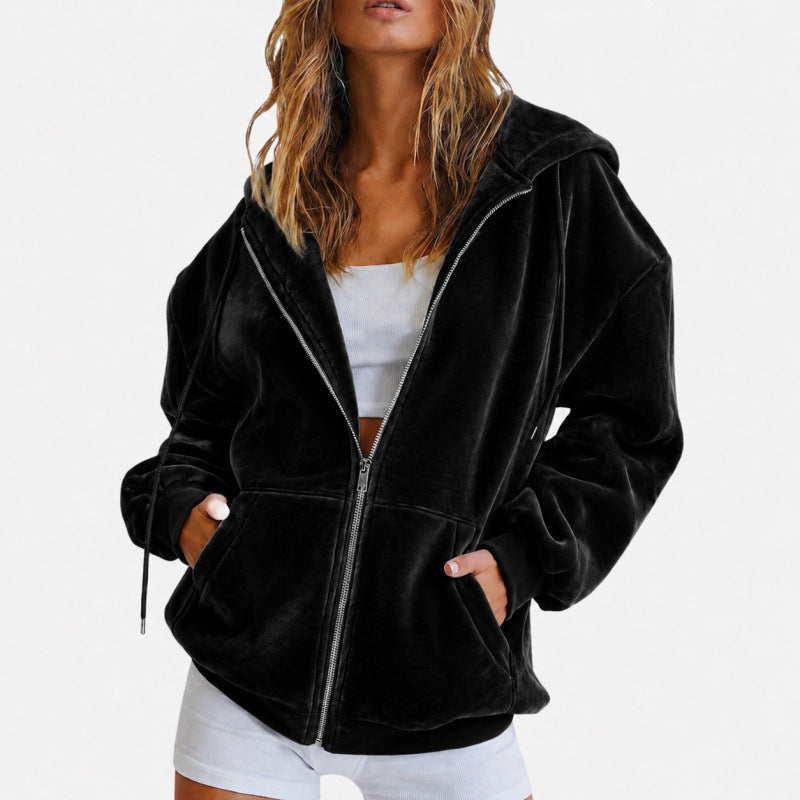 Women's Oversize Velours Hoodie Jacket with Zipper Mune Fashion