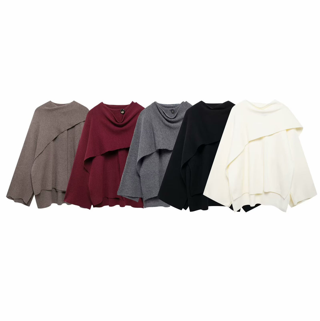 Ladies two-layer knit poncho with asymmetric hem and decorative button collar Mune Fashion
