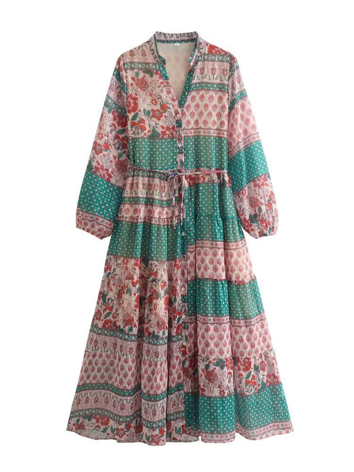 Women’s maxi dress with paisley print, V-neck, waist band and tiered skirt Mune Fashion