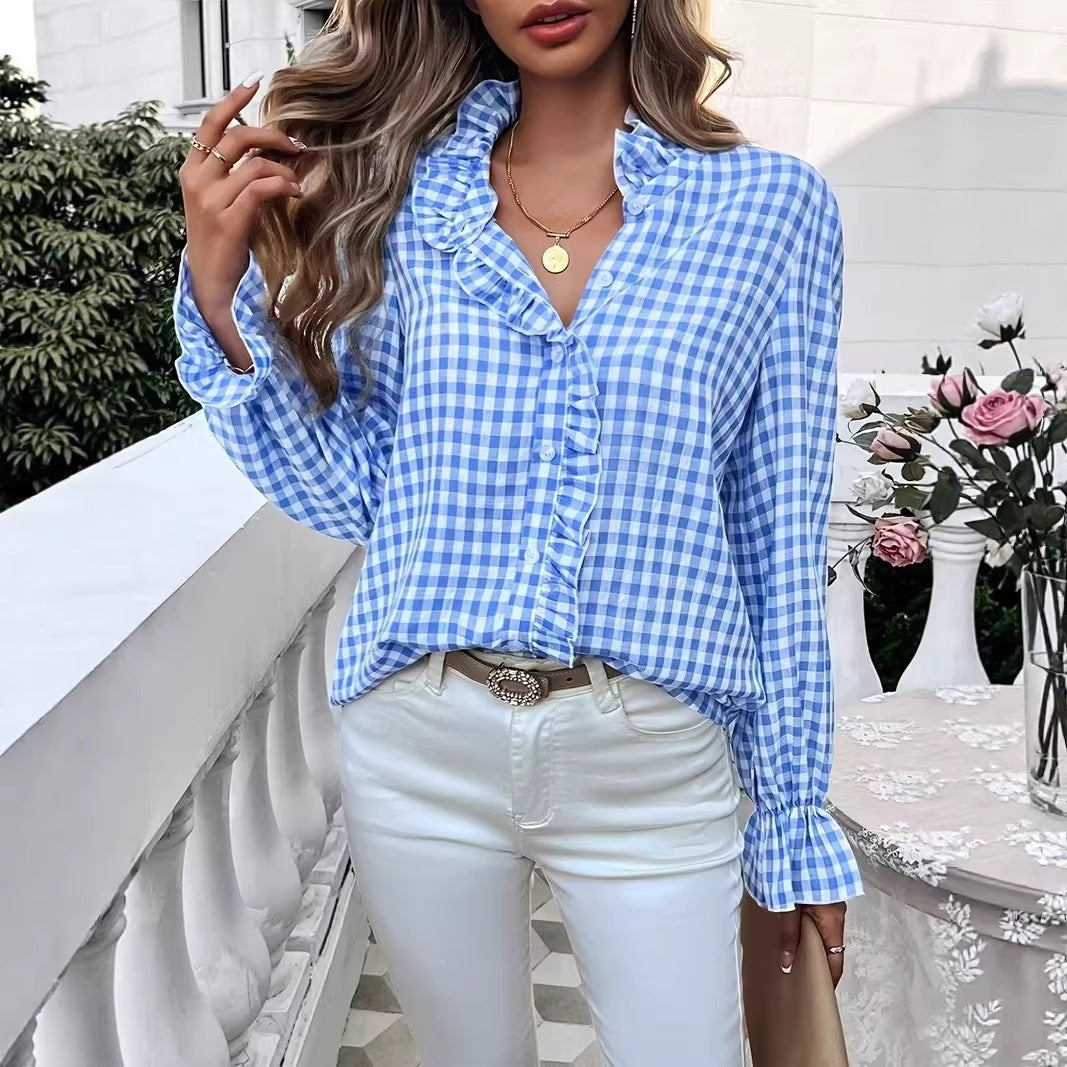 Women's checkered ruffle blouse with stand-up collar, concealed button placket, and bell sleeves Mune Fashion