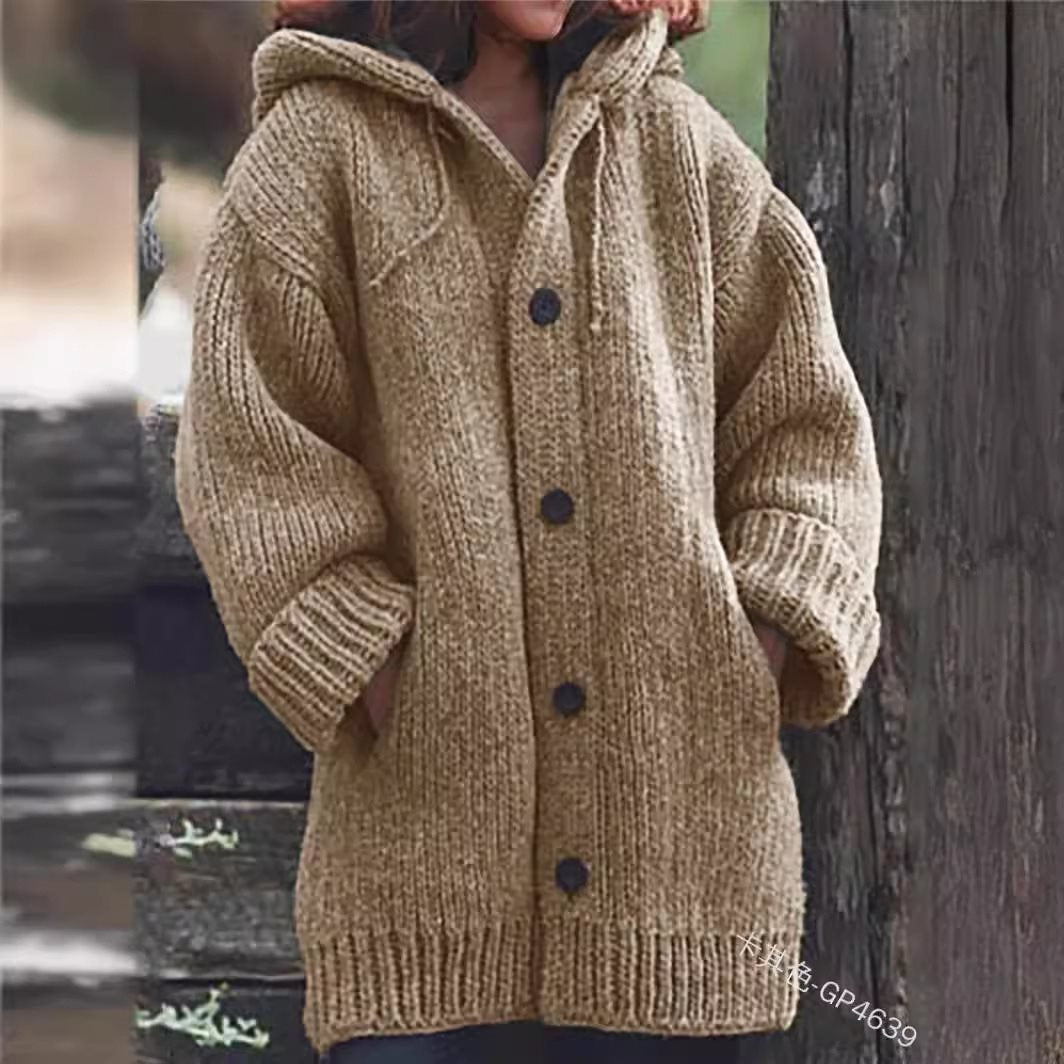 Women's loose-fitting hoodie knit coat with button placket and side pockets Mune Fashion