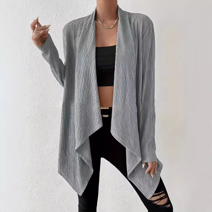 Women's Open Crinkle Cardigan with Waterfall Hem and Longline Silhouette Mune Fashion