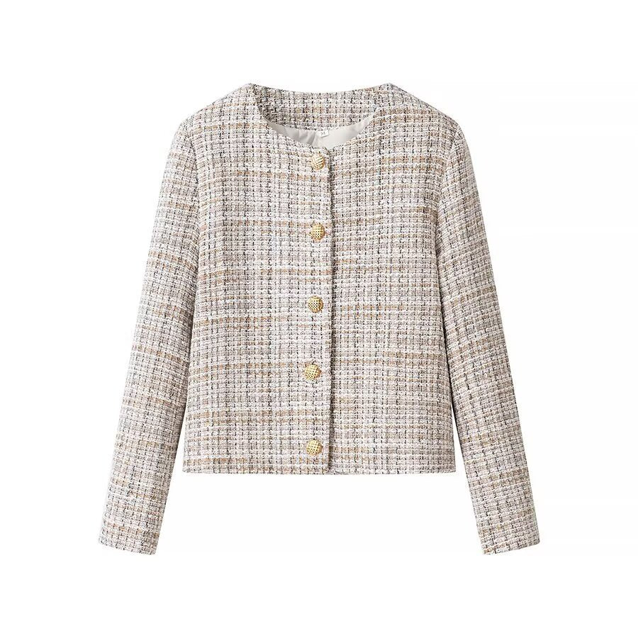 Ladies short jacket made of bouclé tweed with a round neckline and decorative gold buttons Mune Fashion