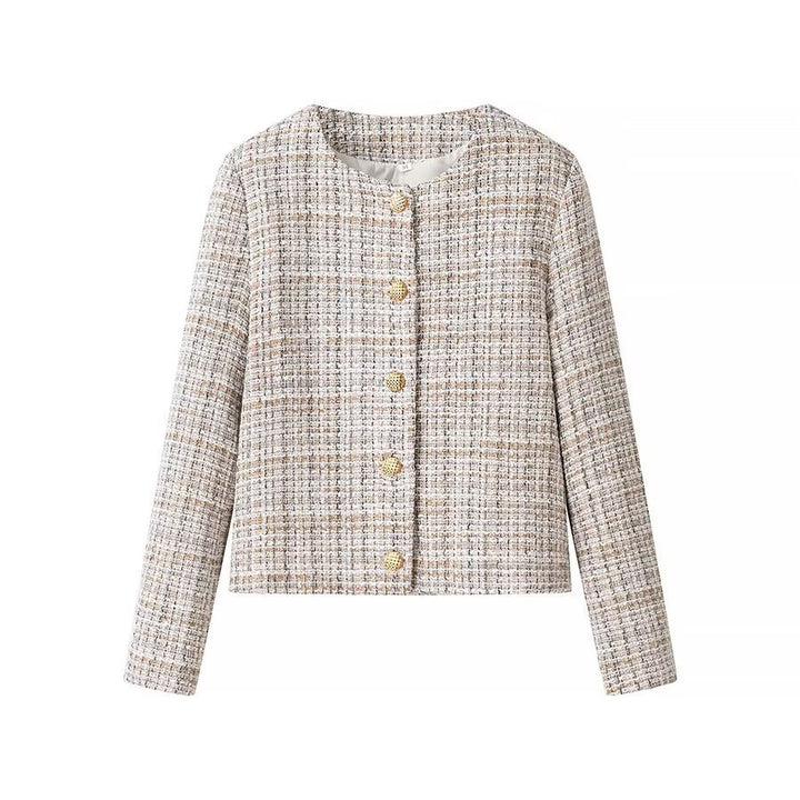 Ladies short jacket made of bouclé tweed with a round neckline and decorative gold buttons Mune Fashion