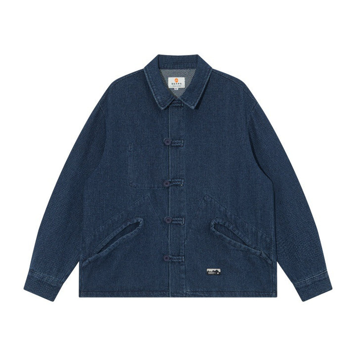 Men's short-cut denim chore jacket in boxy blouson style with Chinese toggle button placket Mune Fashion
