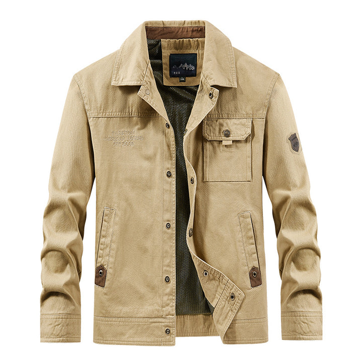 Men's lightweight canvas field jacket with chest flap, breathable mesh lining, and multiple pockets.