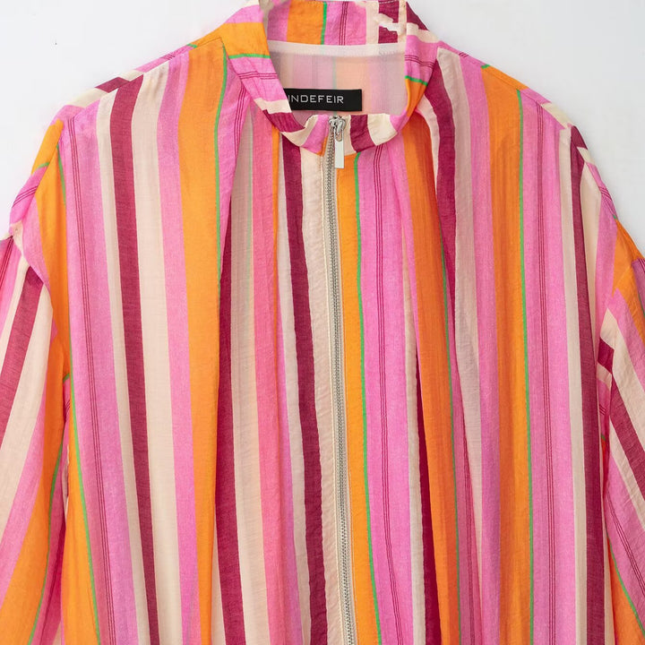 Women's Striped Transitional Bomber Jacket with Balloon Sleeves Mune Fashion